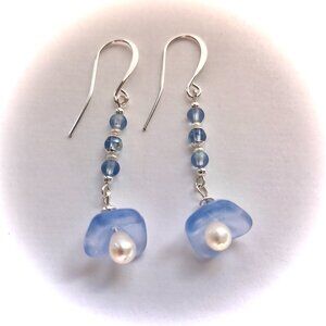 Floral  Blue Glass and Pearl Bead Drop Earrings